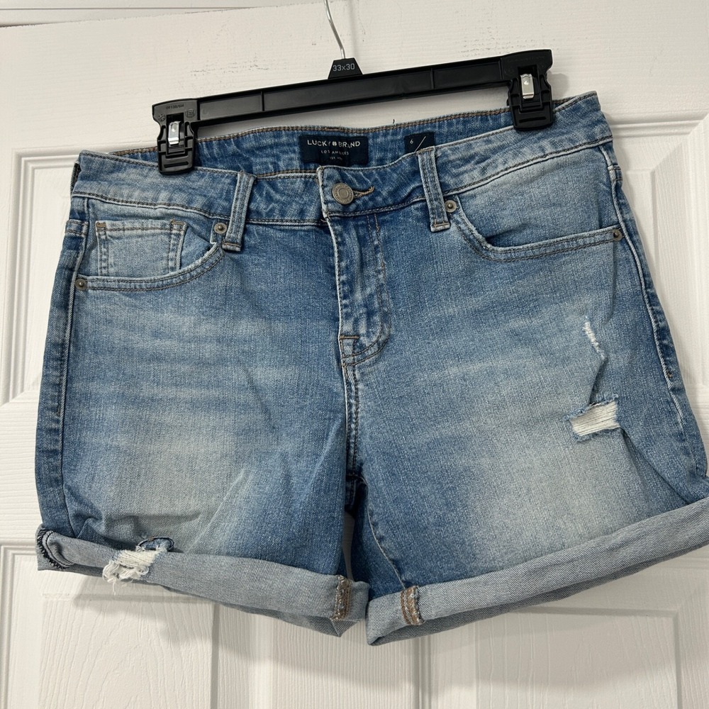 LUCKY BRAND The Roll-Up Distressed Mid-Rise Blue Denim Jean Shorts Women's 6/28